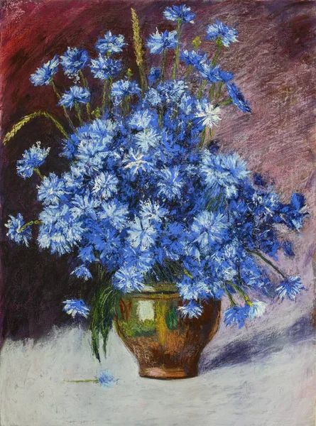 Still Life Pastel Painting Cornflowers Vase Paper Soft Pastel Based — Stock Photo, Image