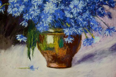 Doku. Kağıda kuru yumuşak pastel çiziyorum. Vazoda çiçeklerle dolu bir hayat.