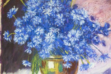 Doku. Kağıda kuru yumuşak pastel çiziyorum. Vazoda çiçeklerle dolu bir hayat.