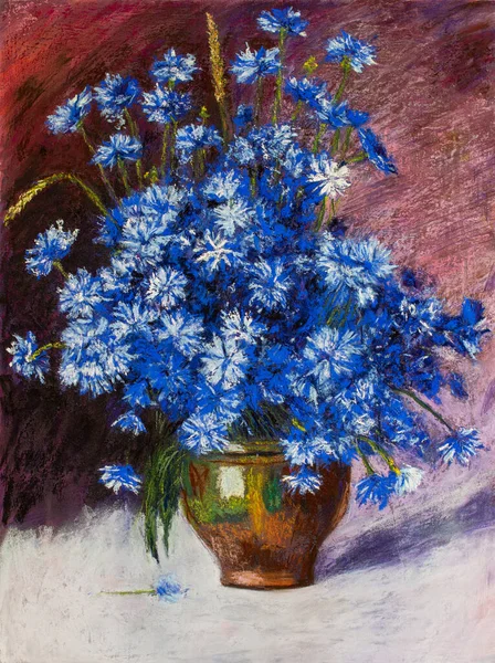 Fleurs Bleues Dans Vase Dessin Avec Pastels Sur Papier Nature — Photo