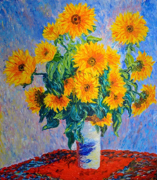 Malování Zátiší Slunečnice Olej Plátně 60X70 Základě Malování Slunečnic Monet — Stock fotografie