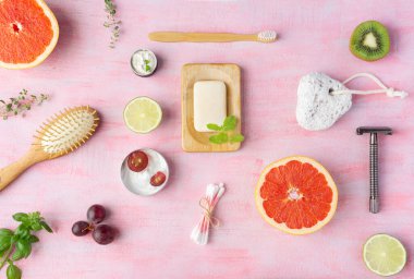 Sıfır atık banyo aksesuarı, üst görünüm, tasarım. 