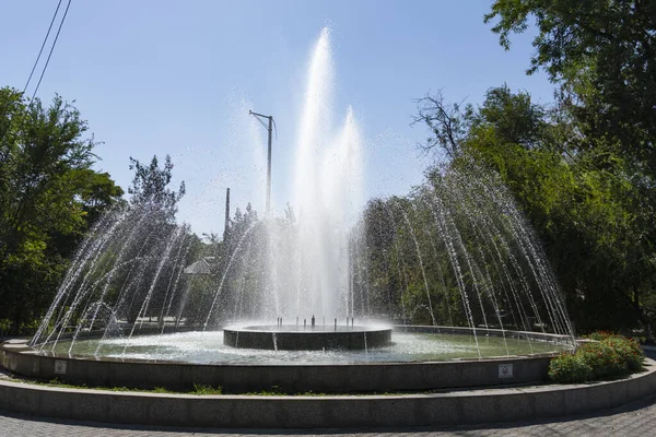 Pürüzsüz mavi gökyüzünün altındaki yeşil bir parkta yüksek merkezli jet ve çevreleyen su akıntıları ile zarif dairesel çeşme rahatlamayı ve şehir güzelliğini sembolize ediyor.