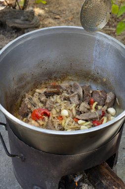 Bir kazanda yanan et, soğan, sarımsak ve dolma biber parçaları. Geleneksel açık hava yemek sahnesi, kırsal ve iştah açıcı.