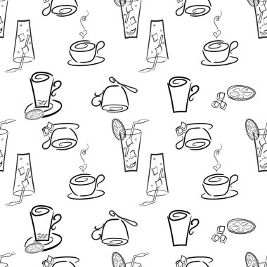 El yapımı içecekler: kokteyller, çay, kahve. Siyah ve beyaz kusursuz desen.