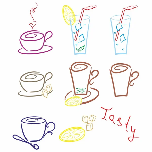 El yapımı içecekler: kokteyller, çay, kahve. Beyaz arkaplanda renk çizimleri