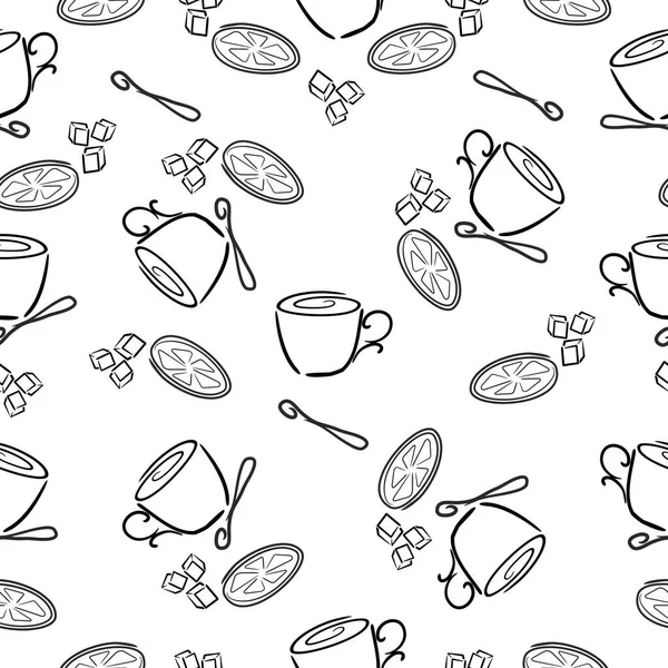 Ručně Kreslená Sada Nápojů Čaj Káva Černobílý Bezešvý Vzor — Stock fotografie