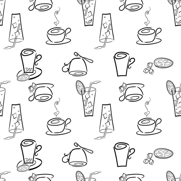 Ručně Kreslená Sada Nápojů Koktejly Čaj Káva Černobílý Bezešvý Vzor — Stock fotografie