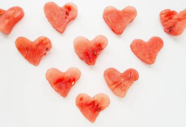 Bright juicy red watermelon in the form of a heart. Space for text. Sweet Valentines day. — Stock Photo, Image