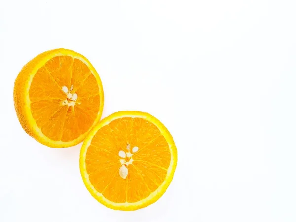 Juicy bright sweet orange on a white background close-up. Place for the buyers text. — Stock Photo, Image