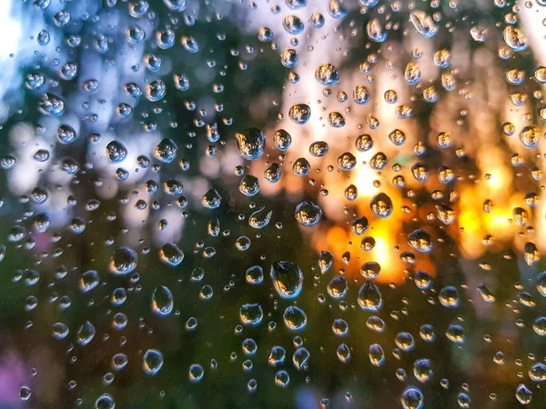 Regentropfen am Fenster nach einem Sommerregen auf einem Hintergrund mit grünem Baum, blauem Himmel und Sonnenstrahlen bei Sonnenuntergang. — Stockfoto