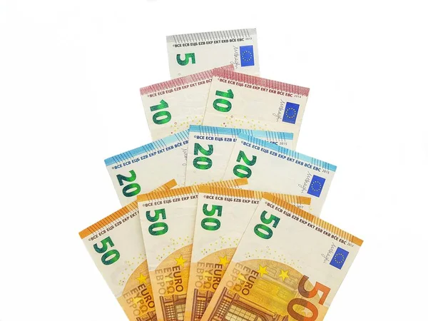 Papier monnaie euro sur fond blanc. Vue d'en haut. Corruption. Le devoir. Remboursement du prêt. — Photo