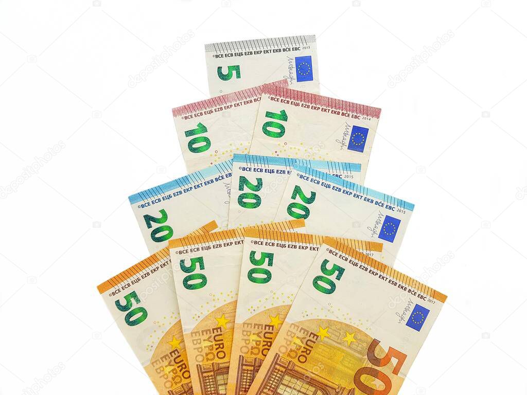 Paper money euro on a white background. View from above. Bribe. Duty. Repayment of the loan.