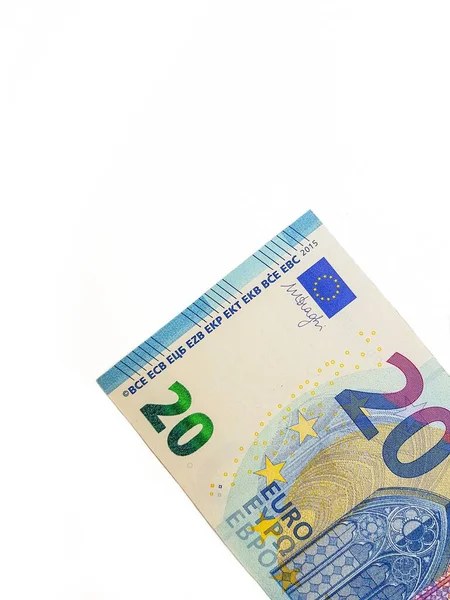 Moneta di carta euro su sfondo bianco. Vista dall'alto. Corrompere. Il dovere. Rimborso del prestito. — Foto Stock