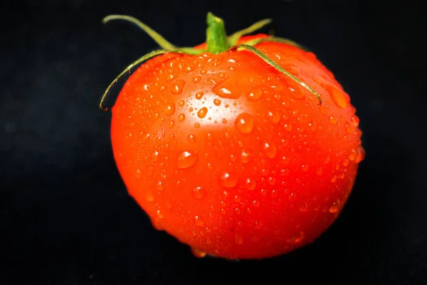 Tomate vermelho maduro sobre um fundo preto com gotas de água após a lavagem . — Fotografia de Stock