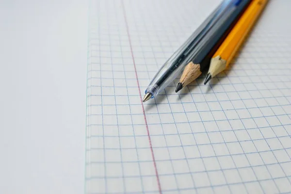 Caneta esferográfica e lápis em uma folha branca em branco em uma gaiola . — Fotografia de Stock