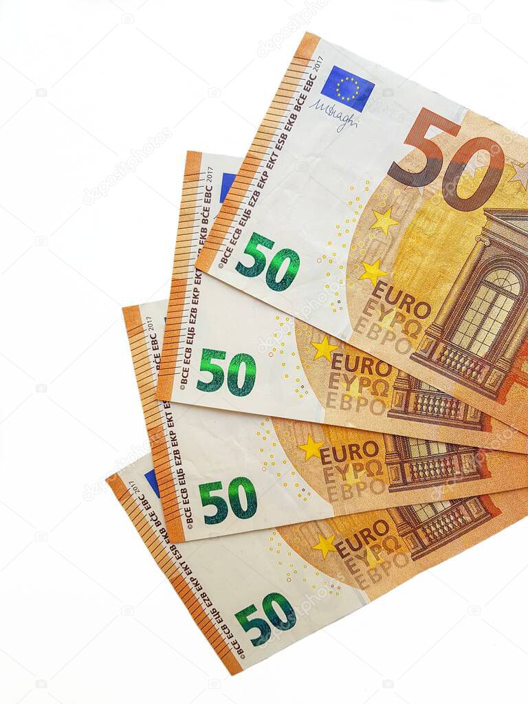 Paper money euro on a white background. Business. Credit.