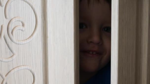 Little Boy Hiding Closet Looks Out — Stock Video