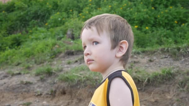 Retrato Lindo Niño Parado Una Ladera — Vídeos de Stock