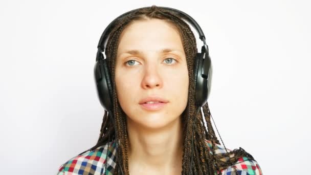 Portrait Cute Braids Girl Listening Music Big Headphones — Stock Video