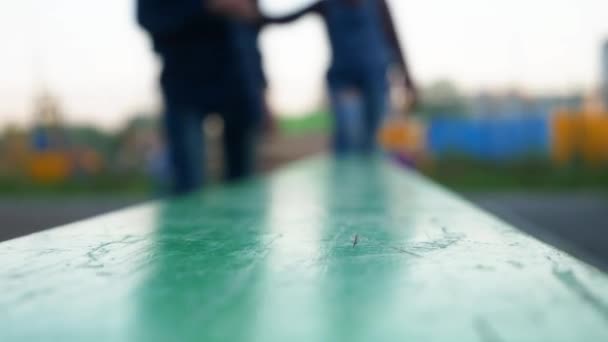 Menino Vai Tronco Verde Playground Segurando Uma Mão Sua Mãe — Vídeo de Stock