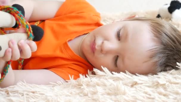 Один Красивый Маленький Мальчик Играет Игрушечным Зайцем Лежащим Мягкой Клетке — стоковое видео