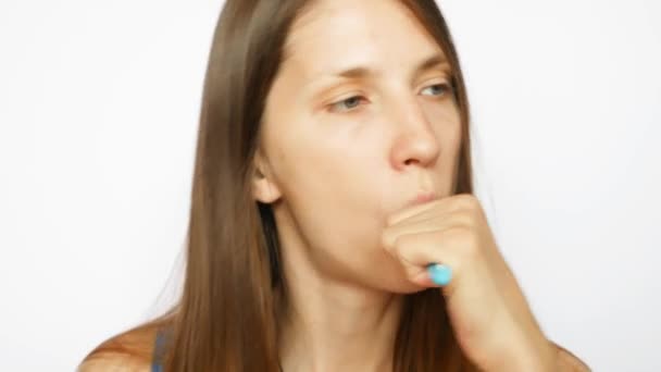 Very Beautiful Lady Brushes Her Teeth White Background — Stock Video