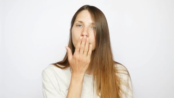 Very Beautiful Young Lady Blows Kiss White Background — Stock Video