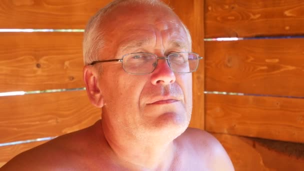 Ένα Πορτραίτο Ενός Ηλικιωμένου Άνδρα Γυαλιά Που Στέκεται Στον Ξύλινο — Αρχείο Βίντεο