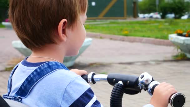 Primer Plano Niño Feliz Sentado Pequeña Bicicleta — Vídeos de Stock