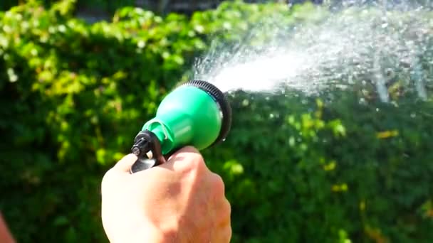Man Hand Holds Watering Spray Waters Garden — Stock Video