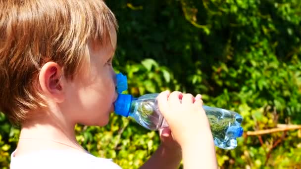 Küçük Bir Çocuk Yeşil Çalılıklara Karşı Mavi Plastik Bir Şişeden — Stok video