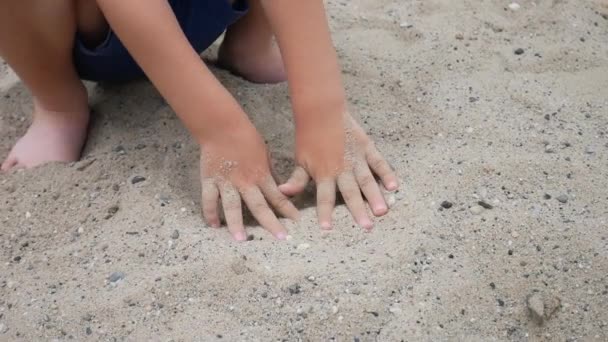 一个小男孩把他的手埋在沙子里 然后把它们取出来 — 图库视频影像