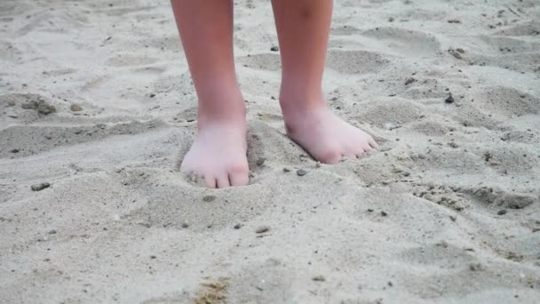 砂の上からつま先を引っぱって歩いていく男の子の2フィート — ストック動画