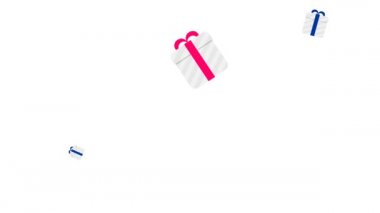 Beyaz arka planda pembe ve mavi kurdeleli bir sürü güzel hediye kutusu var.