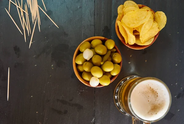 Beer Olives Potatoes Chopsticks Black Base — Stock Photo, Image