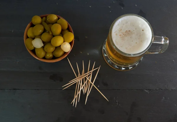 Beer Olives Potatoes Chopsticks Black Base — Stock Photo, Image