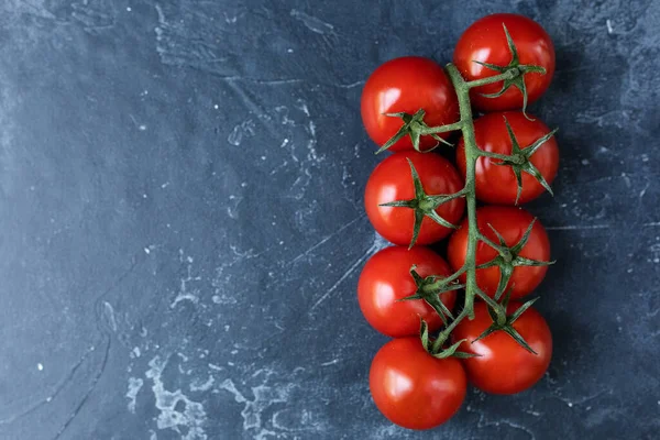 Dal üzerinde kiraz domatesleri, yakın plan koyu grafit arka plan ve uzayın bir kopyası. Yukarıdan görünüşü.