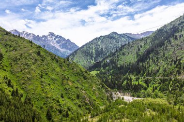 Güzel, parlak, yaz manzaralı teleferikli bir dağ manzarası. Seyahat ve dinlenme kavramı.