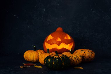 Yaratıcı sonbahar kompozisyonu. Jack-o '- yanan mumlar ve renkli balkabaklarıyla karanlık bir arka planda, kopyalamak için alanı olan fener 