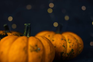 Yaratıcı sonbahar kompozisyonu. Fotokopi alanı olan karanlık bir arka planda balkabakları. Hasat konsepti, Şükran Günü, Cadılar Bayramı, davetiye kartları.