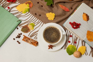 Sonbahar kompozisyonu. Bardakta kahve, kahverengi eşarp, kitap, tarçın çubukları, beyaz bir masanın üzerine düşen yapraklar. Seçici odak.