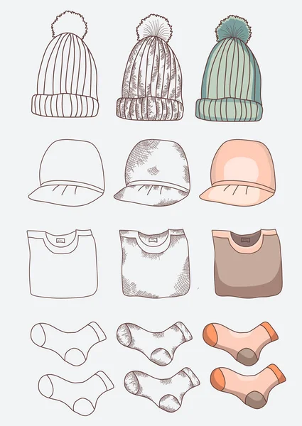 Предмети одягу. Речі - шапка, шапка, шкарпетки, футболка. Різні варіанти дизайну - контур, штрих, вінтаж, контур і колір. Векторні ілюстрації — стоковий вектор