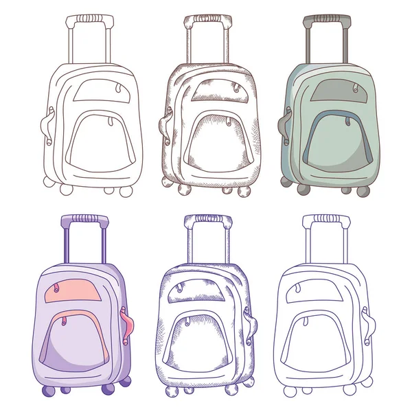 旅行的东西。手提箱在轮子上.不同的设计选择-轮廓线,阴影,复古,轮廓线和颜色.矢量说明 — 图库矢量图片