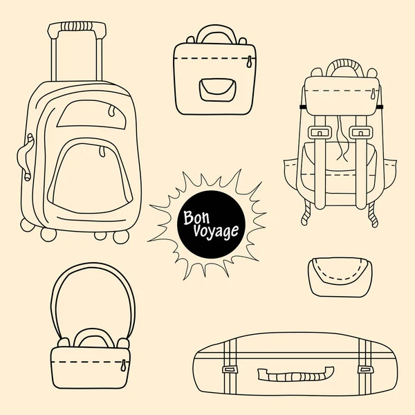 Traveling things for travel and city. Different types of a suitcase on wheels, a closed one, a backpack, small women bags, a purse, a cosmetic bag. Vector outline line set. All elements are isolated — Stock Vector