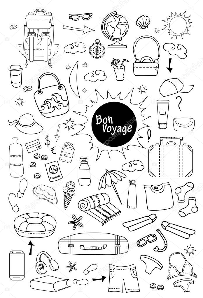Bon voyage. Doodle set of vector linear travel pictures. Travel concept on a white background - things and clothes, luggage, luggage - everything for a vacation on the sea and the beach. All scribbles