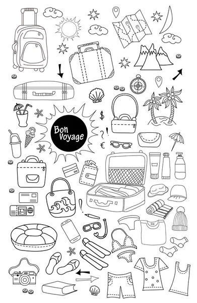 Goede reis. Doodle set vector lineaire tekeningen van dingen voor reizen en vrije tijd. Reisconcept op een witte achtergrond - bagage, koffers, tassen, documenten, kaarten, cosmetica, eten en drinken — Stockvector