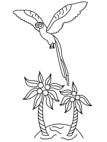 Un pappagallo variopinto sorvola un'isola con palme. Illustrazione vettoriale in bianco e nero in stile fumetto. Circuito — Vettoriale Stock