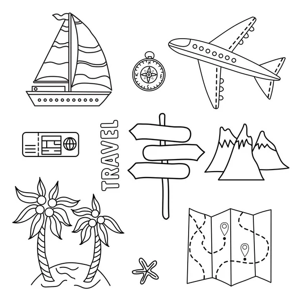 Conjunto turístico. Doodle conjunto de diseño de vectores de viaje. mar o montaña, Transporte - avión y barco. Esquema, todos los elementos están aislados . — Vector de stock