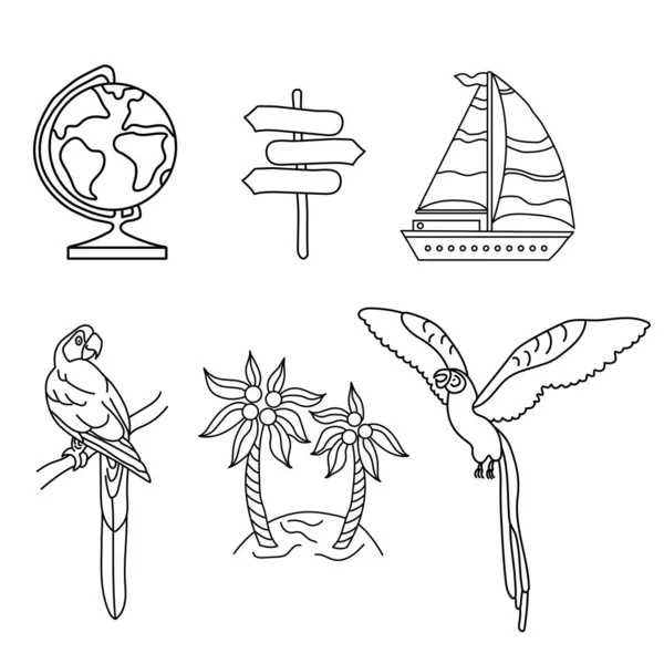 ライフスタイルデザインのためのイラスト。ドアの旅行セット。オウム、島、船。アートライン。概要シンボルコレクション. — ストックベクタ
